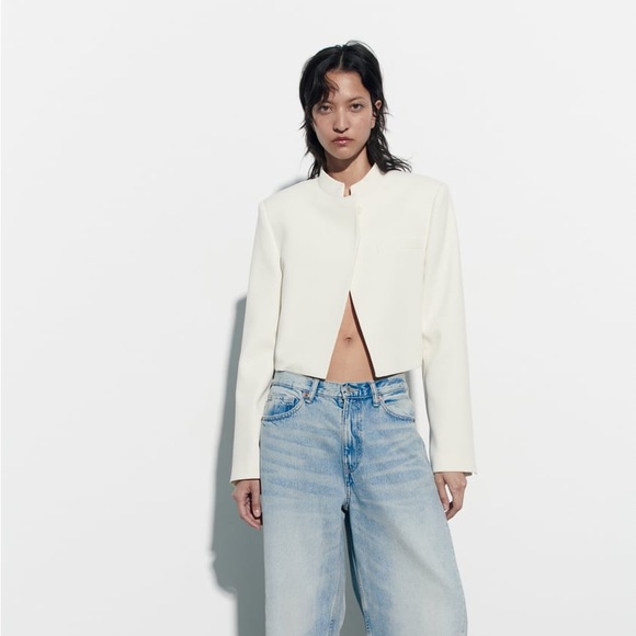 Zara Fitted Crop Blazer Oyster White - M - Picture 1 of 13
